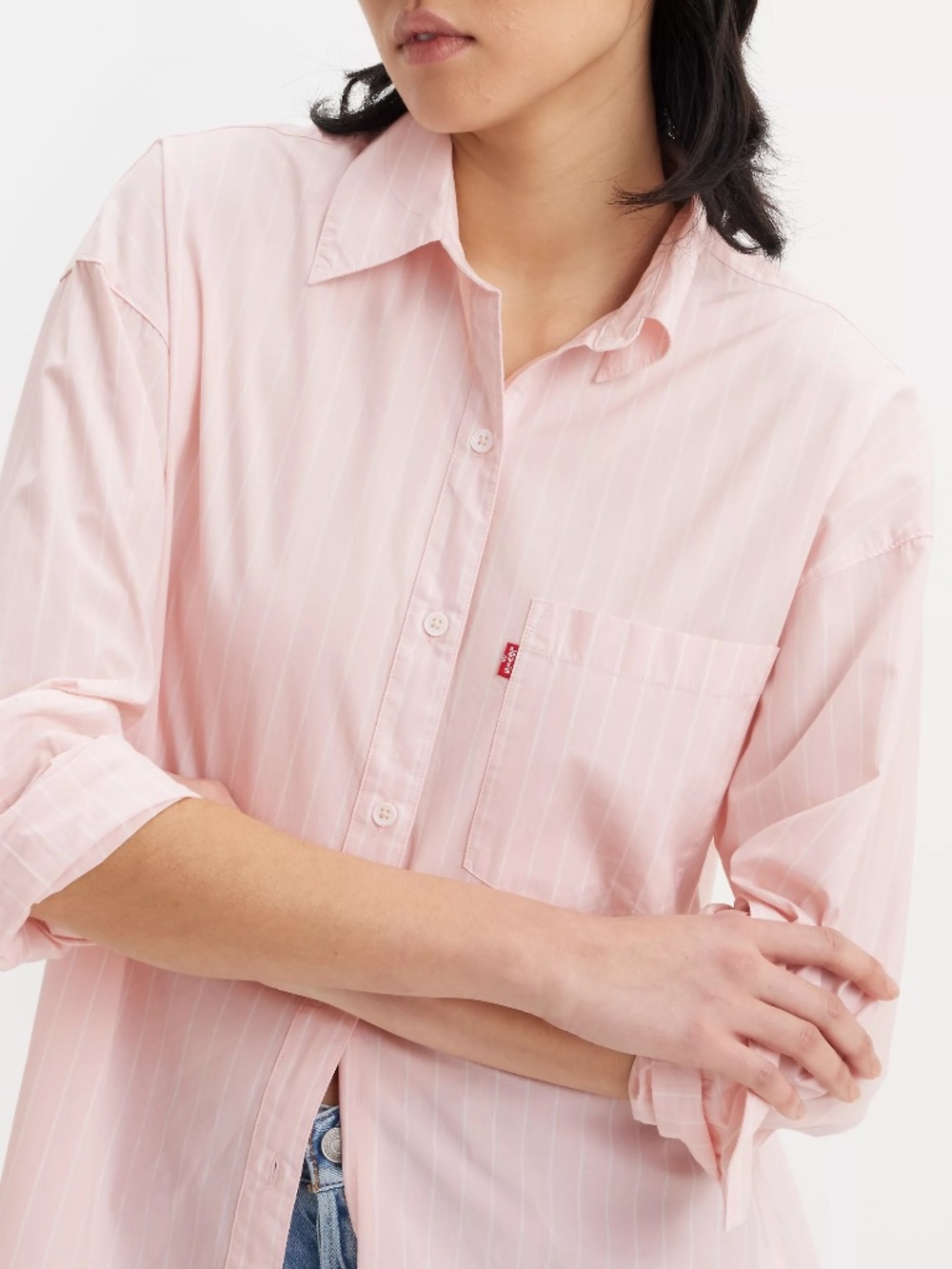 Levis Women Lola Button Up Shirt Pink and White Stripe Menswear Oversized Cotton